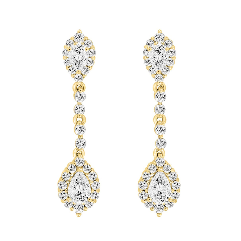 LADIES LINEAR EARRINGS 2 3/4CT PEAR/ROUND DIAMOND 14K YELLOW GOLD (CENTER STONE PEAR DIAMOND 1CT )