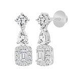 LADIES EARRINGS 2CT ROUND/EMERALD/PEAR DIAMOND 14K WHITE GOLD (CENTER STONE EMERALD DIAMOND 1/2CT )