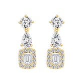 LADIES EARRINGS 2CT ROUND/EMERALD/PEAR DIAMOND 14K YELLOW GOLD (CENTER STONE EMERALD DIAMOND 1/2CT )