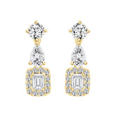 LADIES EARRINGS 2CT ROUND/EMERALD/PEAR DIAMOND 14K YELLOW GOLD (CENTER STONE EMERALD DIAMOND 1/2CT )