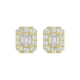 LADIES STUD EARRINGS 1CT EMERALD/ROUND DIAMOND 14K YELLOW GOLD