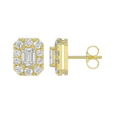 LADIES STUD EARRINGS 1CT EMERALD/ROUND DIAMOND 14K YELLOW GOLD