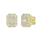 LADIES STUD EARRINGS 1CT EMERALD/ROUND DIAMOND 14K YELLOW GOLD
