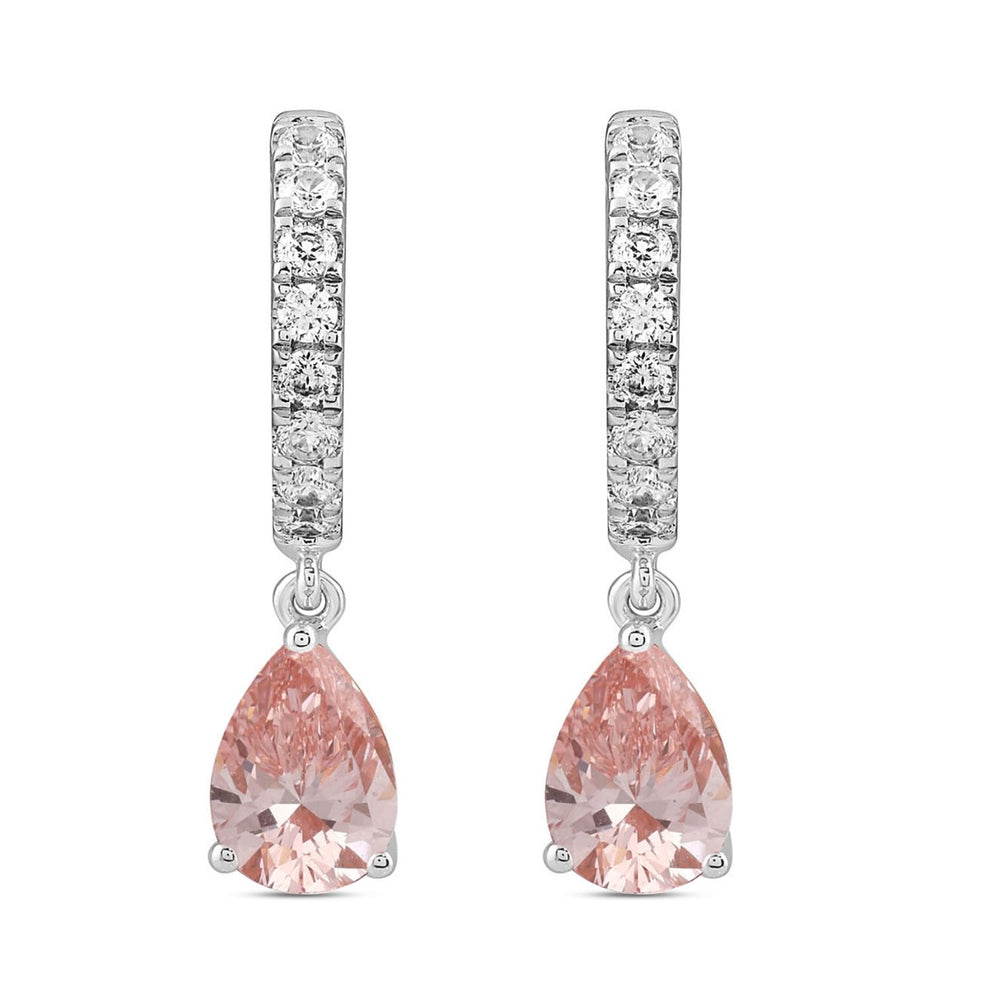 LADIES HOOPS EARRINGS 2CT ROUND/PEAR DIAMOND 14K WHITE GOLD (CENTER STONE PINK PEAR DIAMOND 3/4CT )