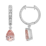 LADIES HOOPS EARRINGS 2CT ROUND/PEAR DIAMOND 14K WHITE GOLD (CENTER STONE PINK PEAR DIAMOND 3/4CT )