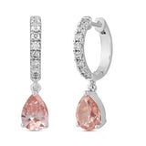 LADIES HOOPS EARRINGS 2CT ROUND/PEAR DIAMOND 14K WHITE GOLD (CENTER STONE PINK PEAR DIAMOND 3/4CT )