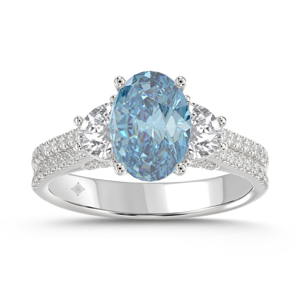14K WHITE GOLD 3.00CT ROUND/OVAL/HALF MOON DIAMOND LADIES RING (CENTER STONE BLUE OVAL DIAMOND 2CT)