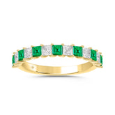 14K Yellow Gold 1.00 CT Princess Green Emerald & White Diamond Alternating Band Ring