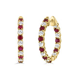 14K YELLOW GOLD 3 3/8CT ROUND/RUBY ROUND DIAMOND LADIES HOOPS EARRING