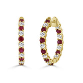 14K YELLOW GOLD 3 3/8CT ROUND/RUBY ROUND DIAMOND LADIES HOOPS EARRING