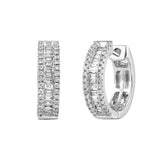 LADIES HOOP EARRINGS 0.50CT ROUND/BAGUETTE DIAMOND 14K WHITE GOLD