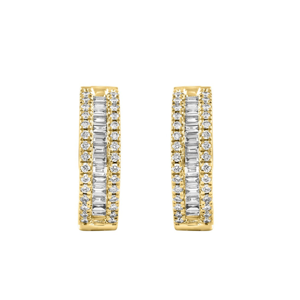 LADIES HOOP EARRINGS 0.50CT ROUND/BAGUETTE DIAMOND 14K YELLOW GOLD