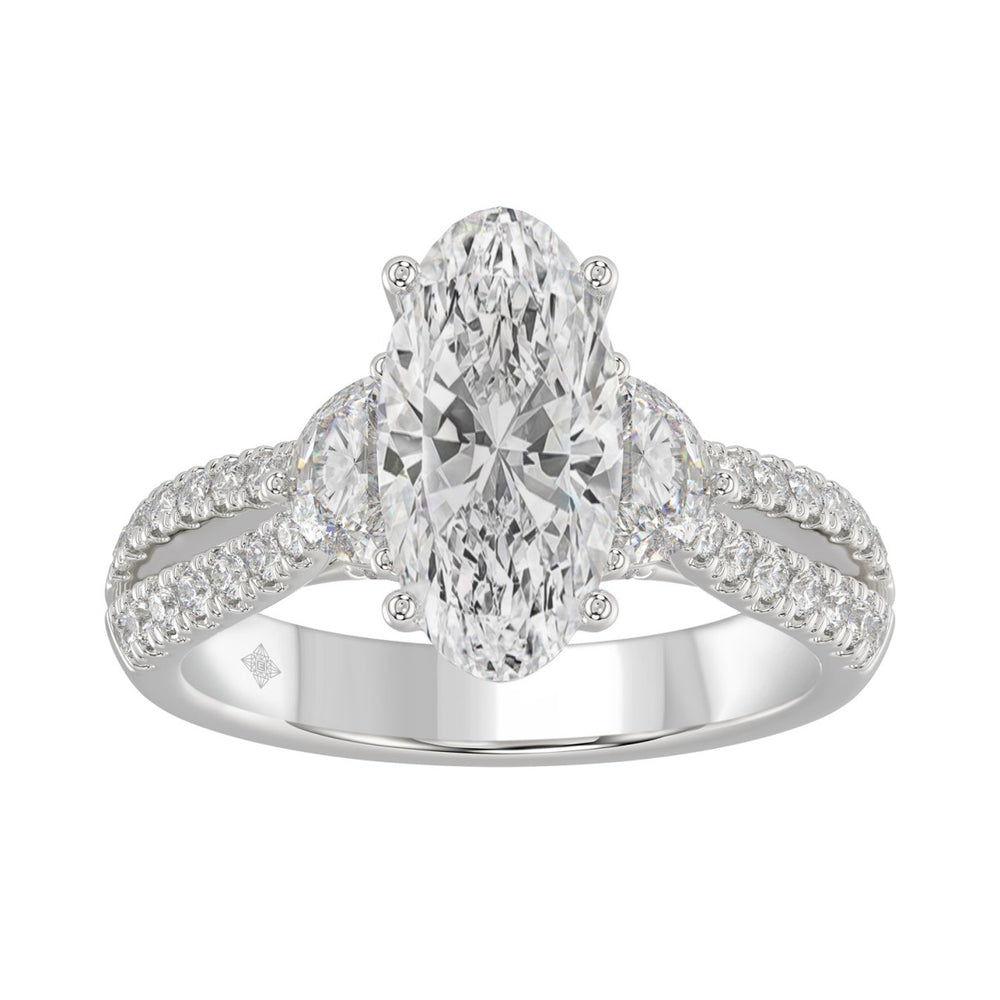 Ladies 14K White Gold ladies Ring Featuring Round Half-Moon & Baguette Diamonds 3.00CT Oval Center stone (Color F-G -Clarity VS1/VS2)
