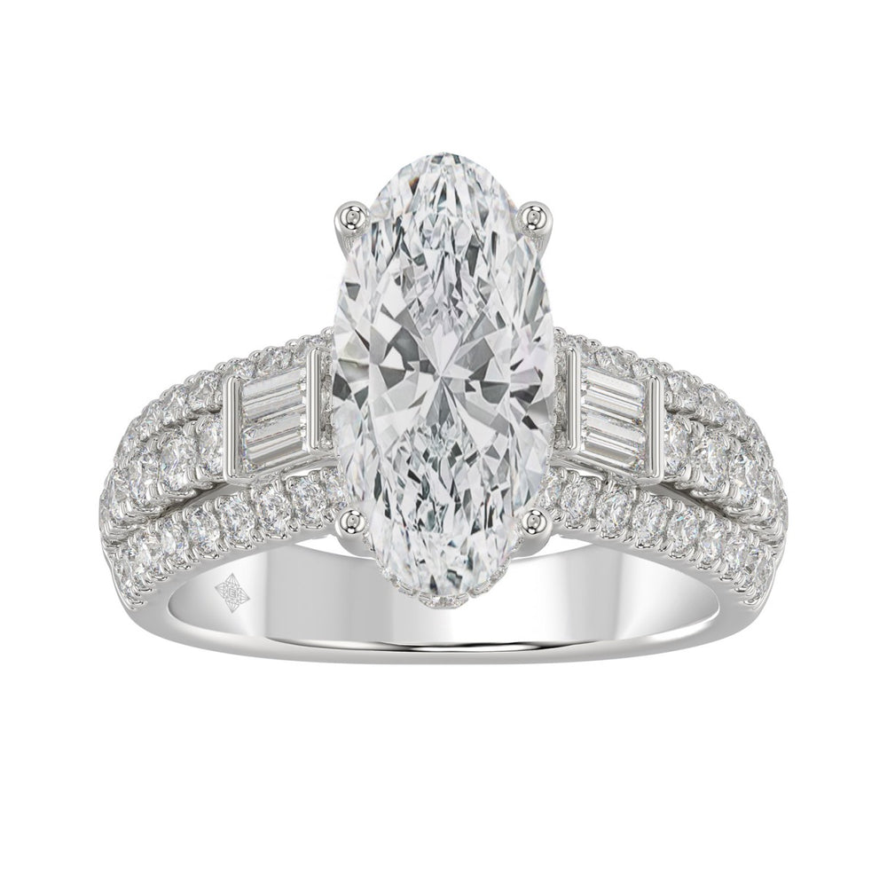 Classic 14K White Gold Ladies Diamond Ring 4.00CT Round Oval & Baguette Diamonds with 3.00CT Oval Center stone (Color F-G -Clarity VS1/VS2)