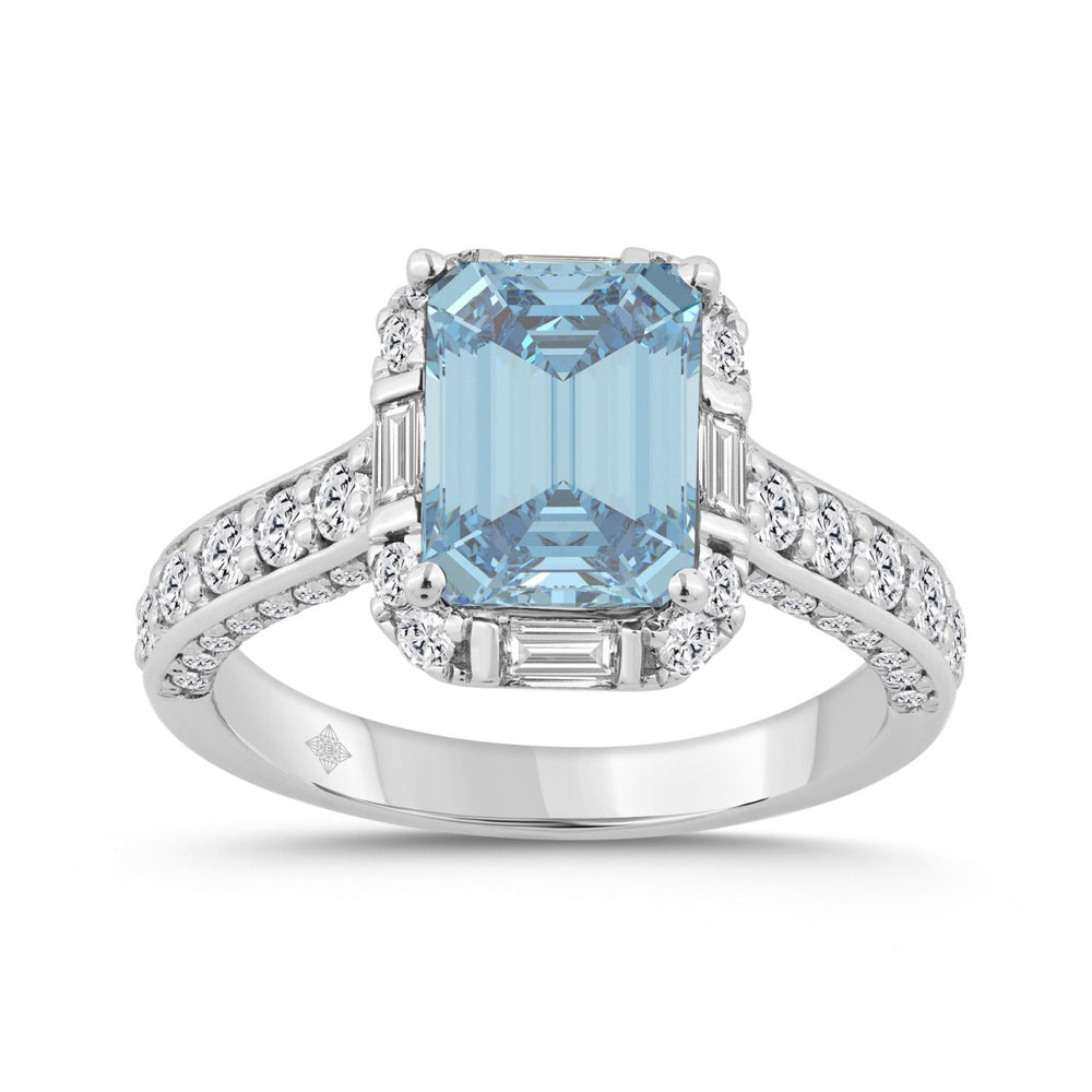 14K WHITE GOLD 4.00CT ROUND/BAGUETTE/EMERALD DIAMOND LADIES RING (CENTER STONE BLUE EMERALD DIAMOND 3CT)