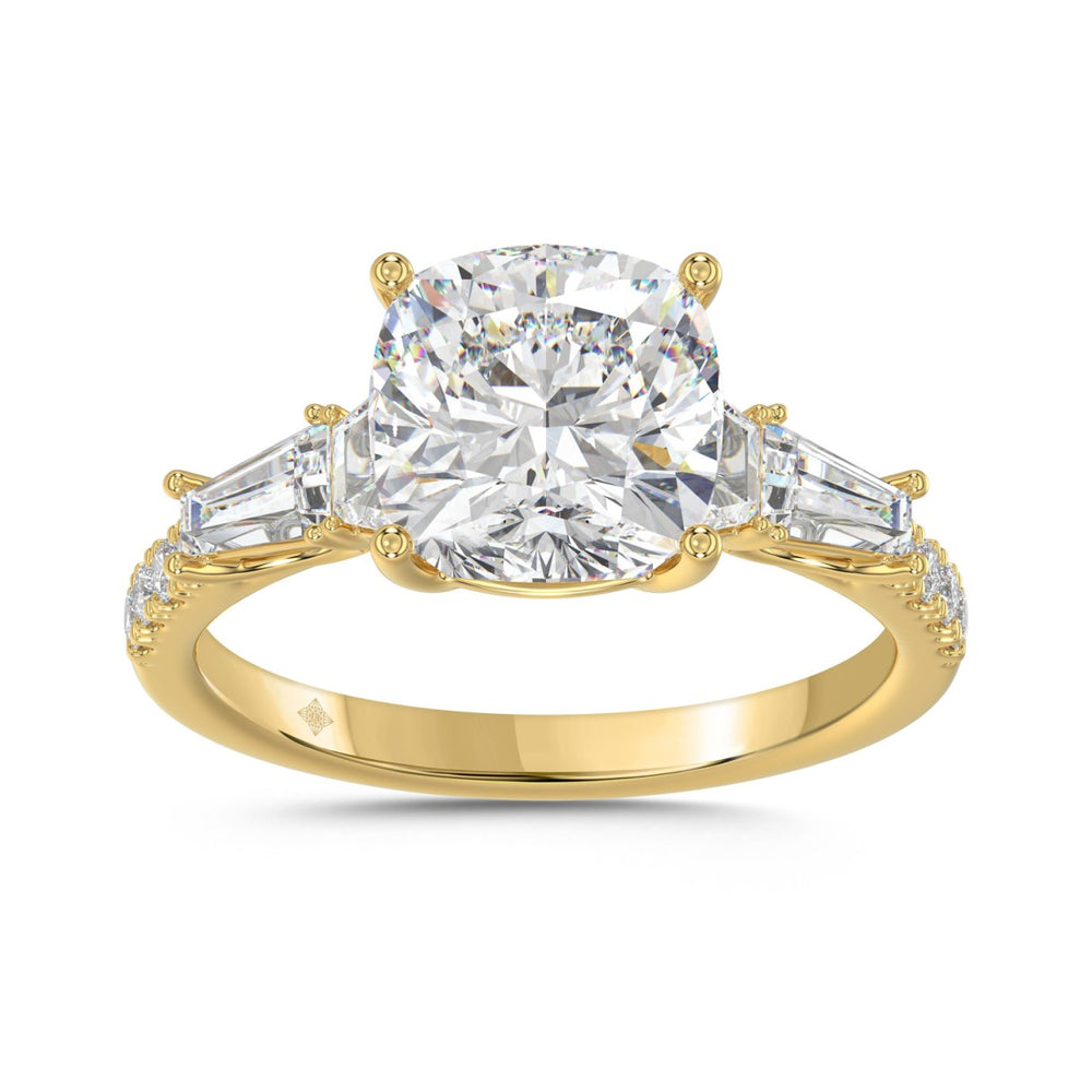 14K YELLOW GOLD 4.00CT ROUND/CUSHION/TRAPEZOID/HALF TAPER BAGUETTE DIAMOND LADIES RING (CENTER STONE CUSHION DIAMOND 3CT)