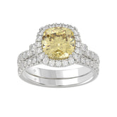 14K WHITE GOLD 3 3/4CT ROUND/CUSHION DIAMOND LADIES BRIDAL SET (CENTER STONE CUSHION YELLOW DIAMOND 3.00CT)