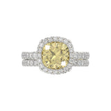 14K WHITE GOLD CRAFTED WITH 18K YELLOW GOLD SHANK 3 3/4CT ROUND/CUSHION DIAMOND LADIES BRIDAL SET (CENTER STONE CUSHION YELLOW DIAMOND 3.00CT)