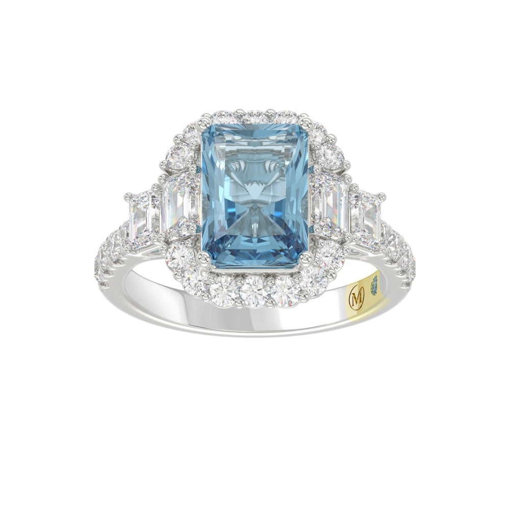14K WHITE GOLD CRAFTED WITH 18K YELLOW GOLD SHANK 4 1/2CT ROUND/EMERALD DIAMOND LADIES RING (CENTER STONE EMERALD BLUE DIAMOND 3.00CT)