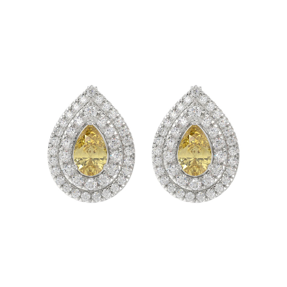 14K WHITE GOLD CRAFTED WITH 18K YELLOW GOLD BACK PLATE 3 1/4CT ROUND/YELLOW PEAR DIAMOND LADIES EARRINGS