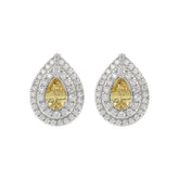 14K WHITE GOLD CRAFTED WITH 18K YELLOW GOLD BACK PLATE 3 1/4CT ROUND/YELLOW PEAR DIAMOND LADIES EARRINGS