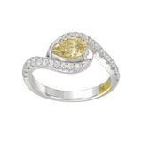 14K WHITE GOLD CRAFTED WITH 18K YELLOW GOLD SHANK 1 1/2CT ROUND/YELLOW PEAR DIAMOND LADIES RING