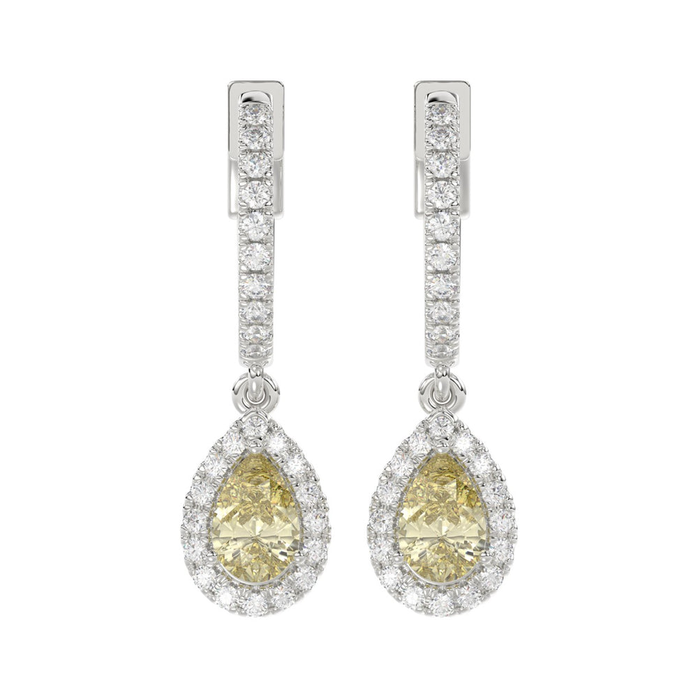 14K WHITE GOLD CRAFTED WITH 18K YELLOW GOLD BACK PLATE 1 1/2CT ROUND/YELLOW PEAR DIAMOND LADIES EARRINGS