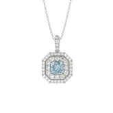 14K WHITE GOLD CRAFTED WITH 18K YELLOW GOLD BACK PLATE 1 1/2CT ROUND/BLUE CUSHION DIAMOND LADIES PENDANT WITH CHAIN