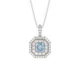 14K WHITE GOLD CRAFTED WITH 18K YELLOW GOLD BACK PLATE 1 1/2CT ROUND/BLUE CUSHION DIAMOND LADIES PENDANT WITH CHAIN