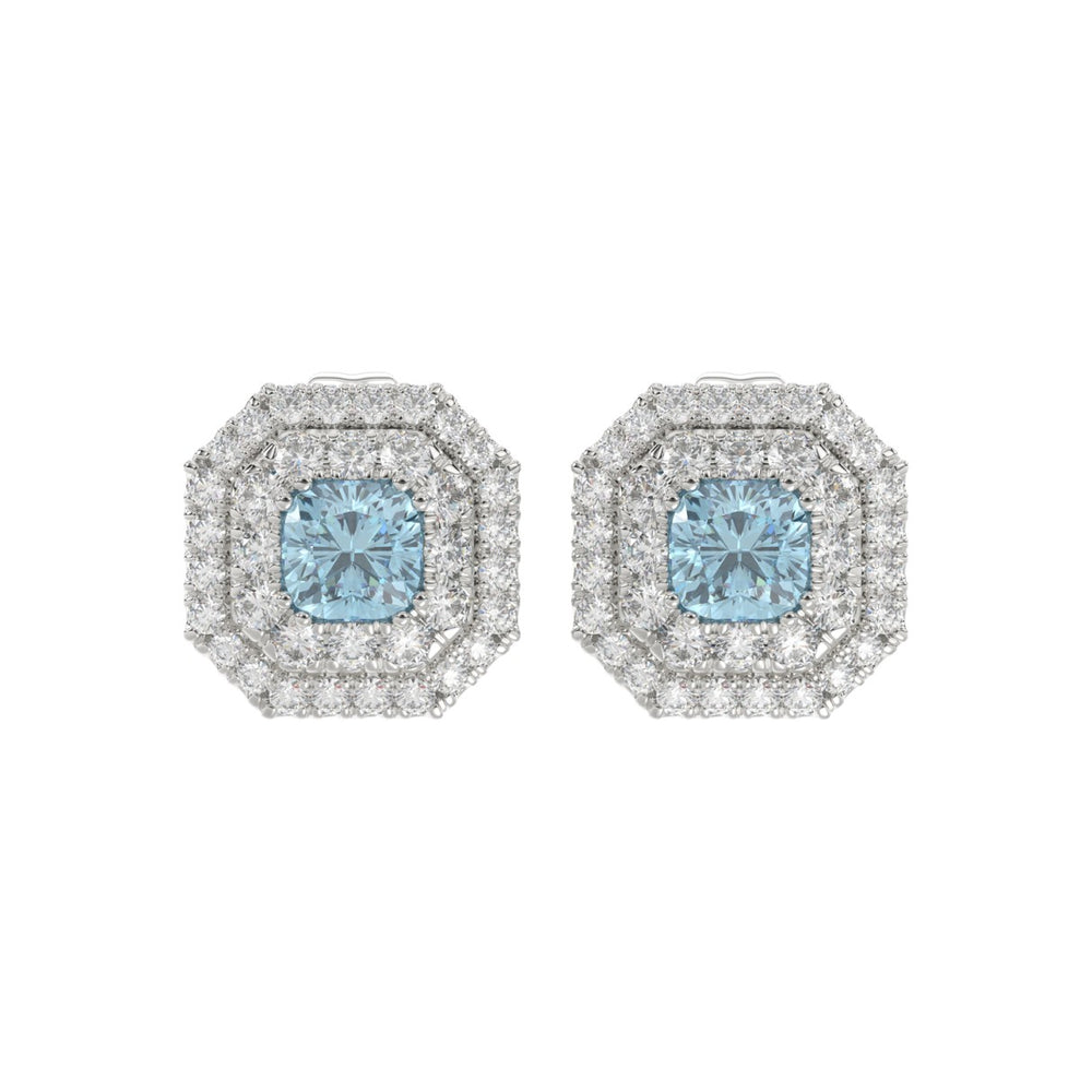 14K WHITE GOLD CRAFTED WITH 18K YELLOW GOLD BACK PLATE 1 1/2CT ROUND/BLUE CUSHION DIAMOND LADIES EARRINGS