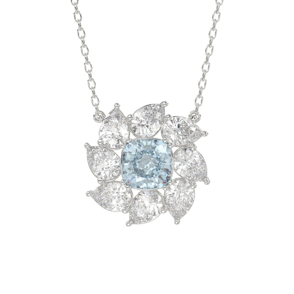 14K WHITE GOLD CRAFTED WITH 18K YELLOW GOLD BACK PLATE 2CT PEAR/BLUE CUSHION DIAMOND LADIES NECKLACE WITH CHAIN