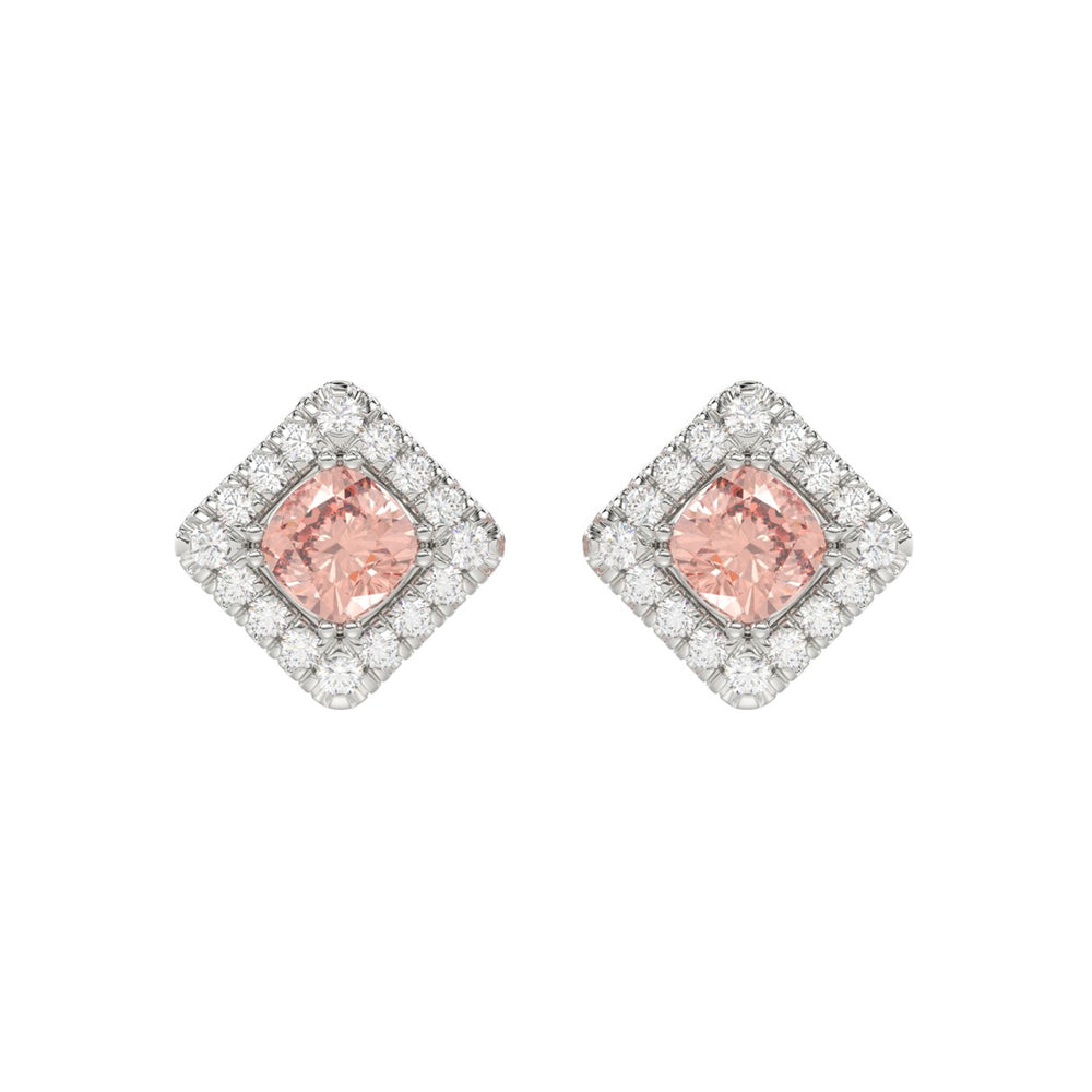 14K WHITE GOLD CRAFTED WITH 18K YELLOW GOLD BACK PLATE 1 1/4CT ROUND/PINK CUSHION DIAMOND LADIES EARRINGS