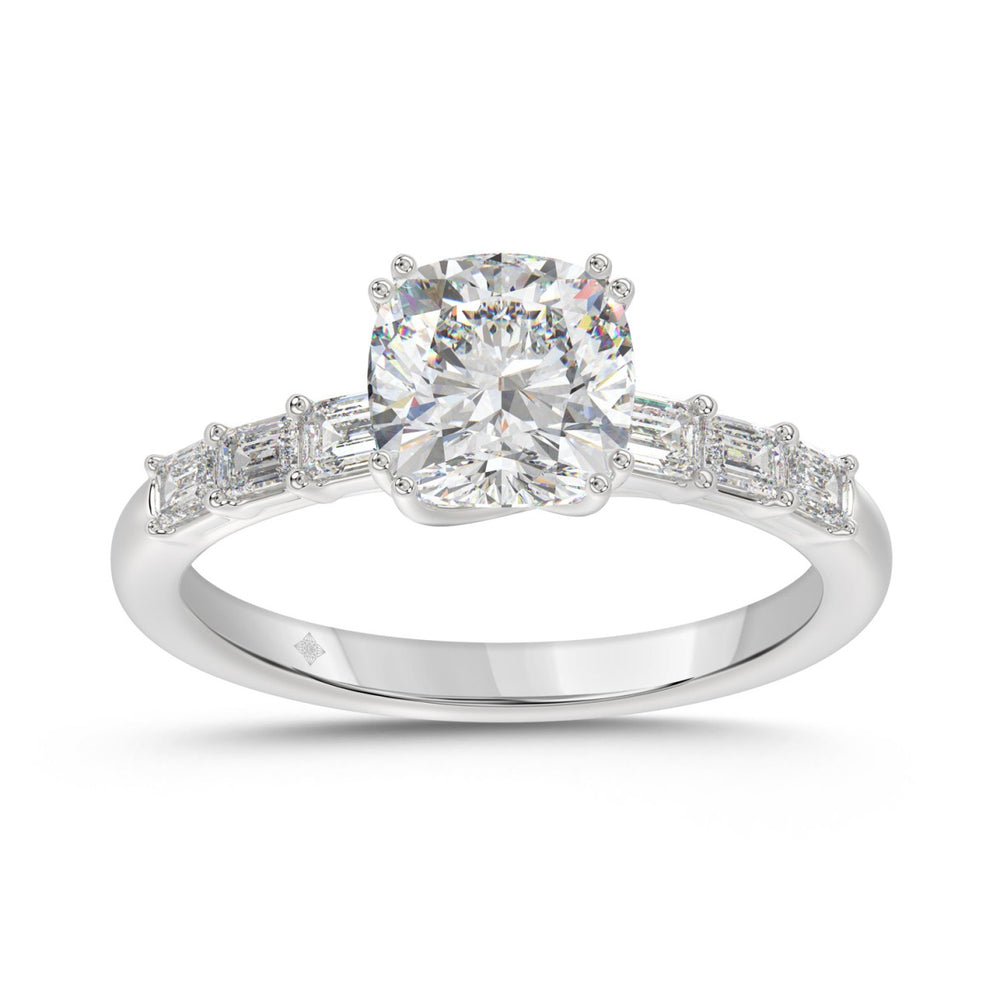 14K WHITE GOLD 3 1/2CT EMERALD/CUSHION DIAMOND LADIES RING (CENTER STONE CUSHION DIAMOND 3CT)