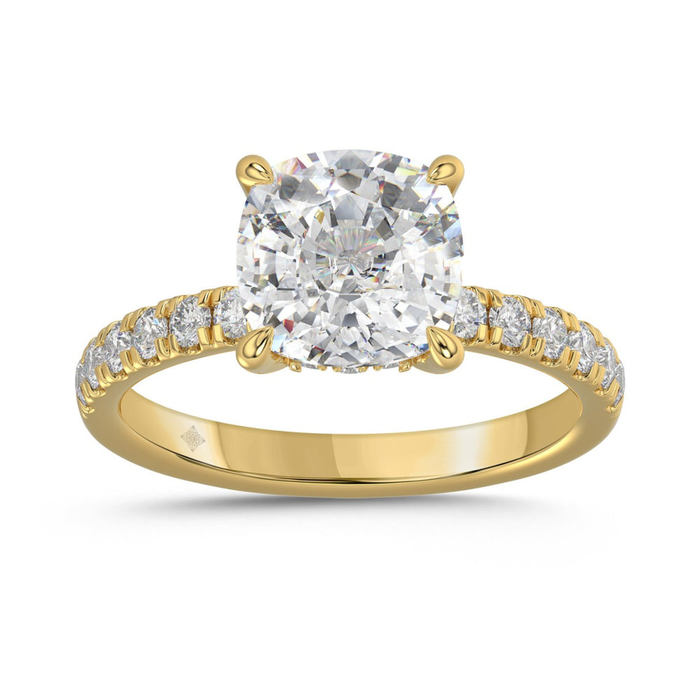 14K YELLOW GOLD 3 1/2CT ROUND/CUSHION DIAMOND LADIES RING (CENTER STONE CUSHION DIAMOND 3CT)