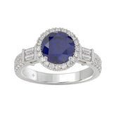 14K WHITE GOLD 2 1/2CT ROUND/BAGUETTE DIAMOND LADIES RING (CENTER STONE BLUE SAPPHIRE ROUND DIAMOND 2CT)