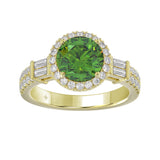 14K YELLOW GOLD 2 1/2CT ROUND/BAGUETTE DIAMOND LADIES RING (CENTER STONE GREEN EMERALD ROUND DIAMOND 2CT)