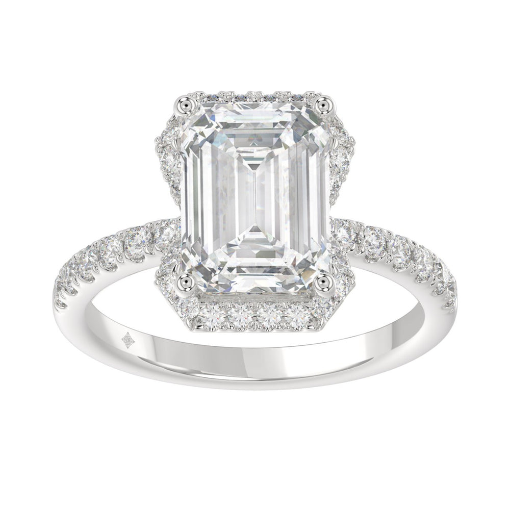 14K White Gold 4 1/2CT ladies Round & Emerald-cut diamond halo engagement Ring 4.00CT Emerald Center stone (Color F-G -Clarity VS1/VS2)