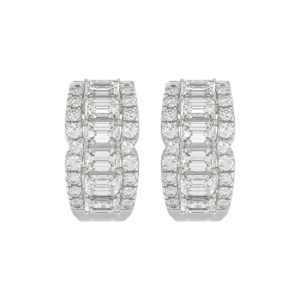 14K WHITE GOLD 1 3/4CT ROUND/EMERALD DIAMOND HOOP EARRINGS