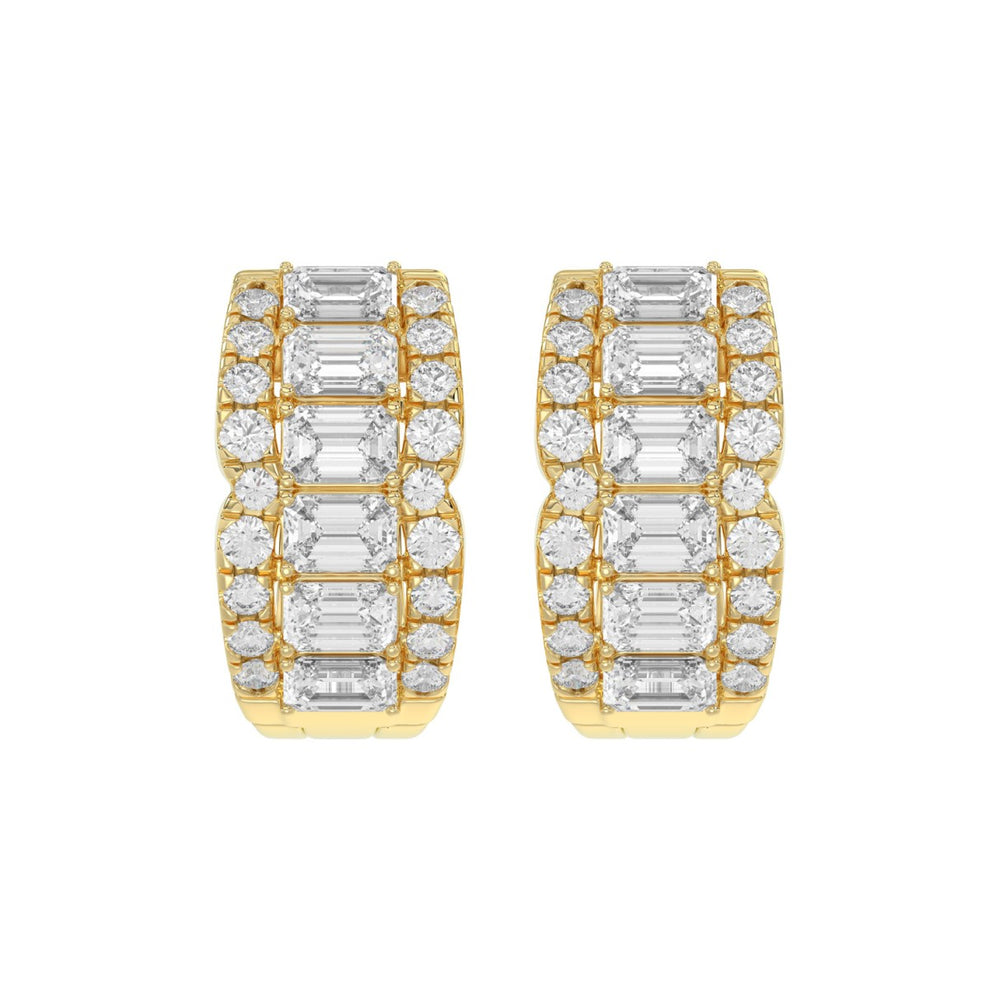 14K YELLOW GOLD 1 3/4CT ROUND/EMERALD DIAMOND HOOP EARRINGS