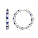 14K WHITE GOLD 3 3/8CT ROUND/ROUND BLUE SAPPHIRE DIAMOND LADIES HOOP EARRINGS