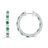 14K WHITE GOLD 3 3/8CT ROUND/ROUND GREEN EMERALD DIAMOND LADIES HOOP EARRINGS
