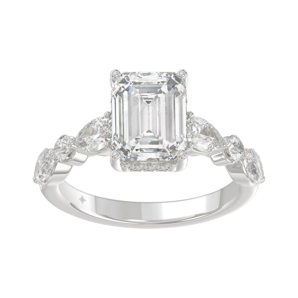 14K White Gold Emerald Cut Diamond Classic Bridal Ring for Ladies 4.00CT with Pear Round & Marquise Diamond 3.00CT Emerald Center stone (Color F-G -Clarity VS1/VS2)