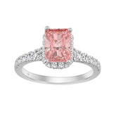 Luxury 14K White Gold Round & Radiant Pink Diamond Halo Engagement Ring 2 1/5CTCT with 1 1/2CT Radiant Cut Pink Center Stone (Color F-G Clarity VS1/VS2)