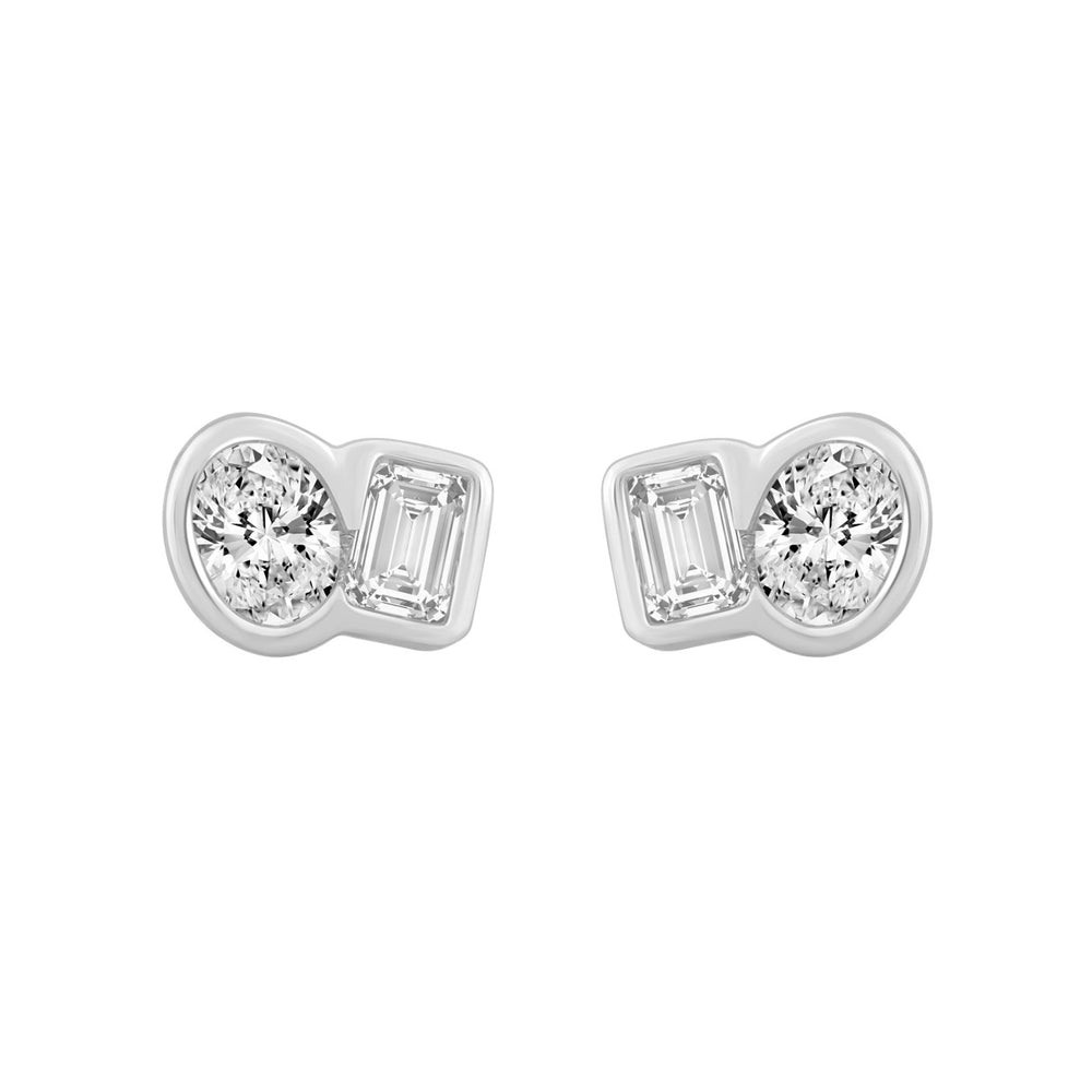 1/2CT White Gold 10K Collection Linked Hearts & Two-Stone Oval/Emerald Diamond stud Earring for Women (Color F-G -Clarity VS1/VS2)