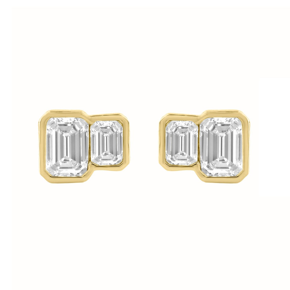 1.00CT Yellow Gold 14K Collection Linked Hearts & Two-Stone Emerald Diamond stud Earring for Women (Color F-G -Clarity VS1/VS2)