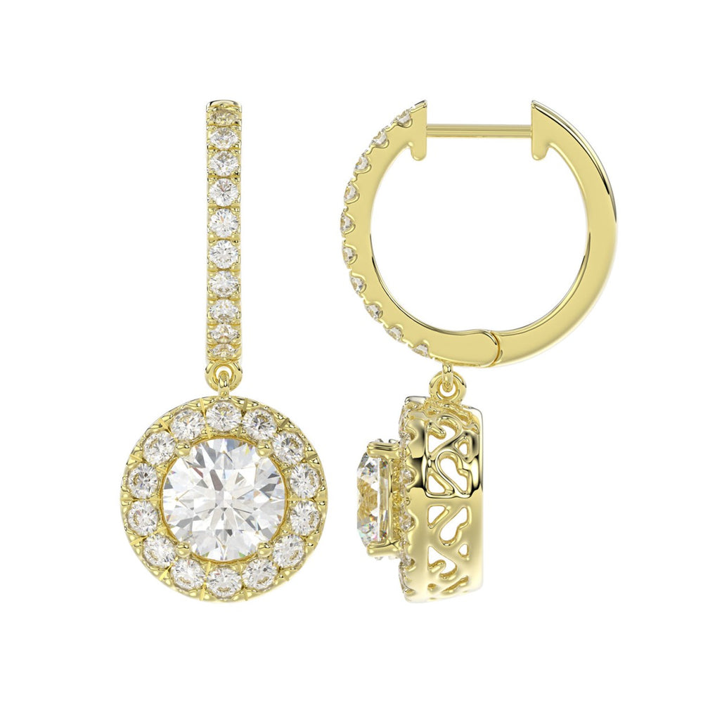 LADIES EARRINGS 3CT ROUND DIAMOND 14K YELLOW GOLD (CENTER STONE ROUND DIAMOND 2CT )