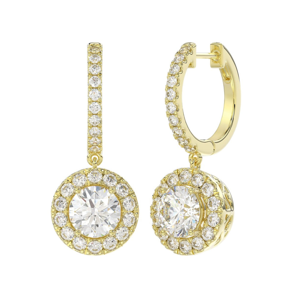 LADIES EARRINGS 3CT ROUND DIAMOND 14K YELLOW GOLD (CENTER STONE ROUND DIAMOND 2CT )