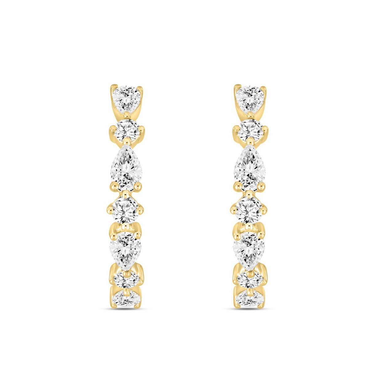 LADIES HOOP EARRINGS 2CT ROUND/PEAR DIAMOND 14K YELLOW GOLD