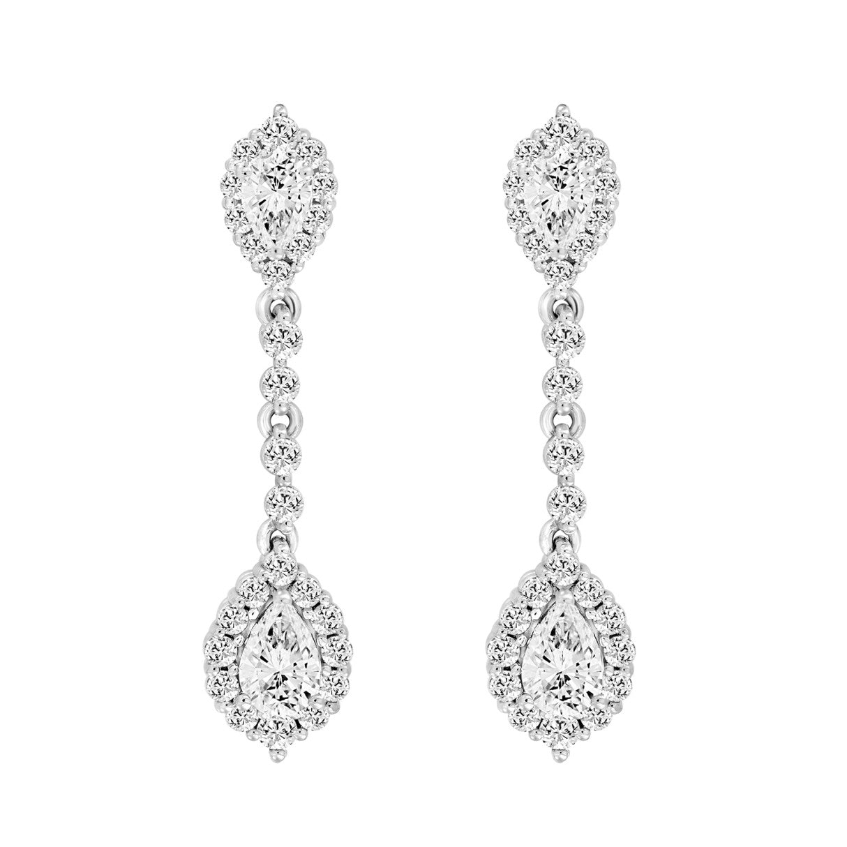 LADIES LINEAR EARRINGS 2 3/4CT PEAR/ROUND DIAMOND 14K WHITE GOLD (CENTER STONE PEAR DIAMOND 1CT )