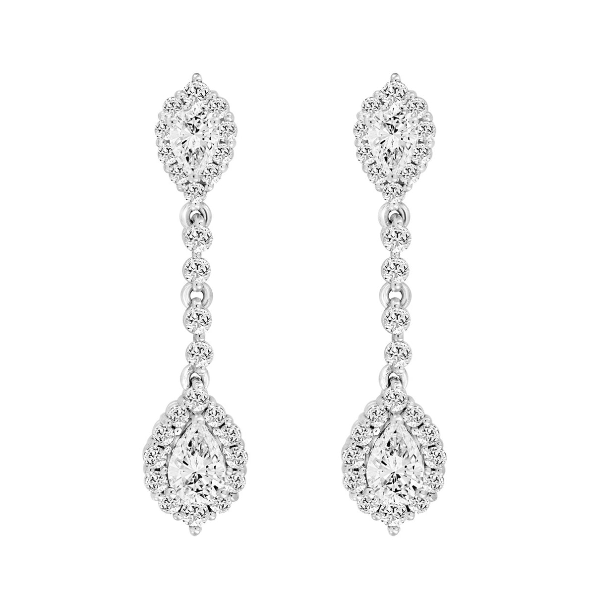 LADIES LINEAR EARRINGS 2 3/4CT PEAR/ROUND DIAMOND 14K WHITE GOLD (CENTER STONE PEAR DIAMOND 1CT )